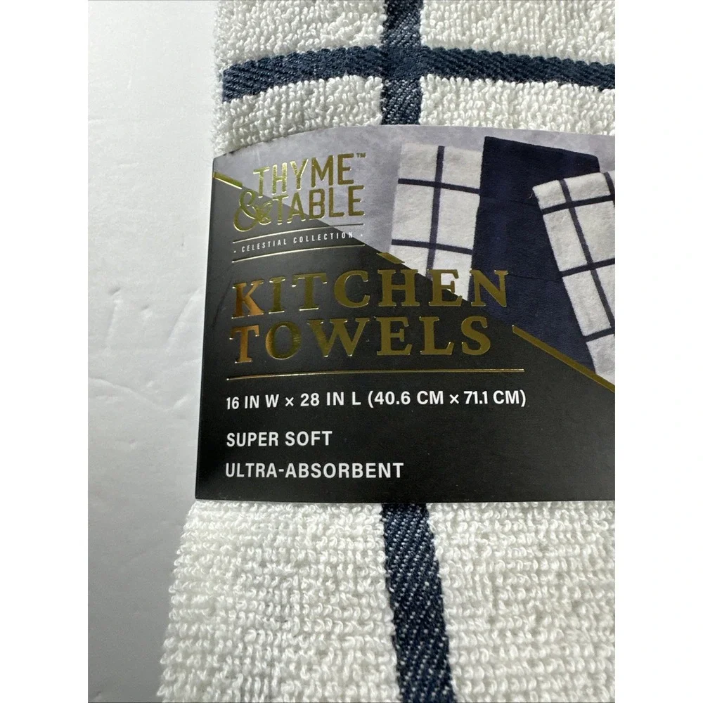 Thyme/Table Kitchen Towels Set 5 pcs Navy/White Super Soft Ultra Absorbent New